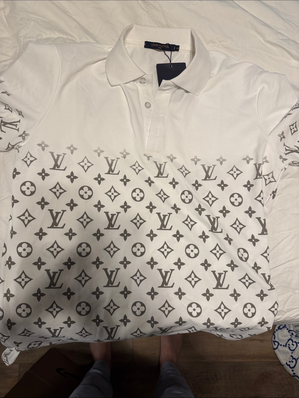 Louis Vuitton White Polo with Gray Monogram Gradient with ACTUAL TAGS